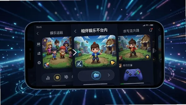 相伴娱乐平台内多款小游戏同时运行的画面，展示即点即玩的流畅体验，手机界面清晰展示游戏切换过程，背景带有科技感光效