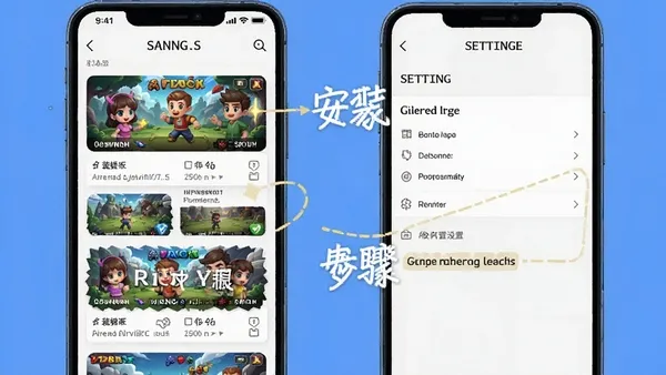 相伴娱乐移动端操作界面截图，展示游戏列表与设置页面，界面简洁清晰，标注安装步骤与权限设置要点，适合新手参考