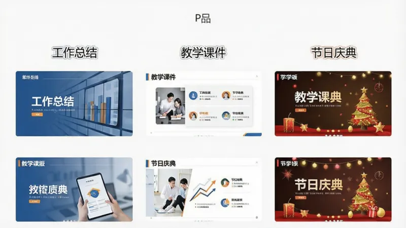 一张展示优品PPT免费模板分类页面的图片,画面中整齐排列着多个PPT模板的缩略图,缩略图上方有“工作总结”“教学课件”“节日庆典”等文字标签,界面风格清爽,排版规整,画质清晰,无多余元素