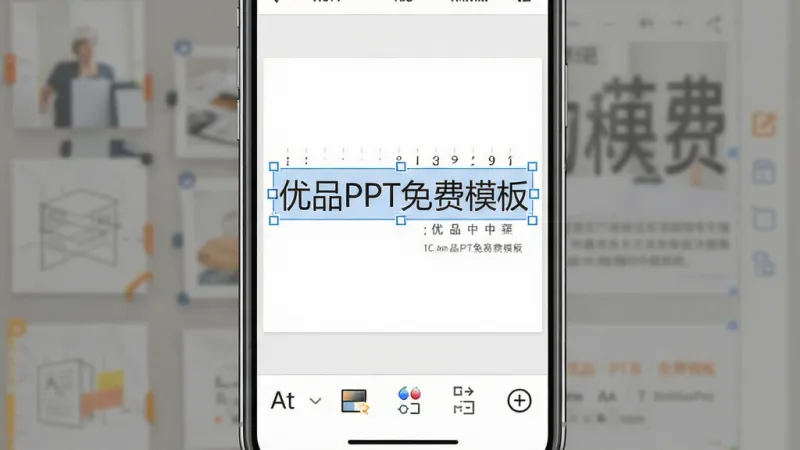 一张手机屏幕显示优品PPT免费模板的编辑界面,画面中正在修改一页幻灯片,标题文字被选中,底部工具栏显示字体、颜色、对齐等图标,界面风格简洁直观,画质干净,无多余元素