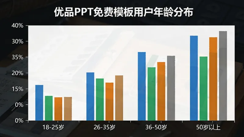 一张柱状图展示优品PPT免费模板用户年龄分布,横轴为年龄段“18-25岁”“26-35岁”“36-50岁”“50岁以上”,纵轴为占比百分比,柱状颜色分别为蓝色、绿色、橙色、灰色,图表标题为“优品PPT免费模板用户年龄分布”,风格简洁,画质清晰,无多余元素