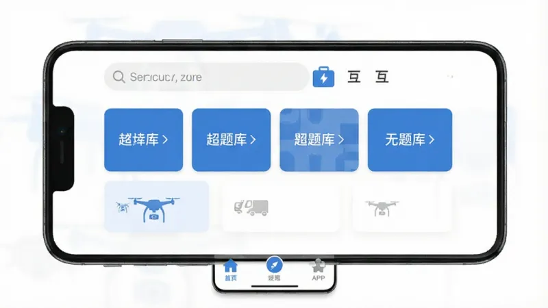 无人机驾驶员超题库 手机APP主界面 白色背景 顶部搜索框 中间显示题库分类卡片 底部导航栏 扁平化设计 蓝色主题色 干净无多余元素 高清画质