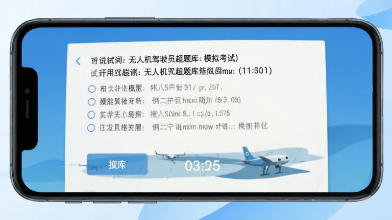 无人机驾驶员超题库 模拟考试界面 手机屏幕显示试卷题目 选项按钮 倒计时器 蓝色渐变背景 扁平化UI 干净简洁 高清画质