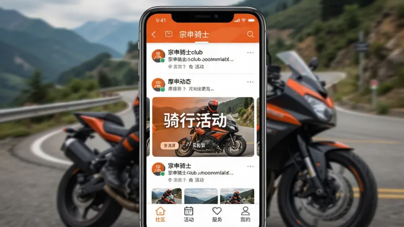 一张手机屏幕展示宗申骑士club应用界面的图片，画面中央是应用主页面，顶部显示摩友动态信息流，中间有醒目的骑行活动横幅，底部导航栏包含社区、活动、服务、我的四个图标，背景是摩托车和山路的虚化画面，整体风格现代动感，色彩以橙色和深灰为主，画质清晰干净，无多余元素