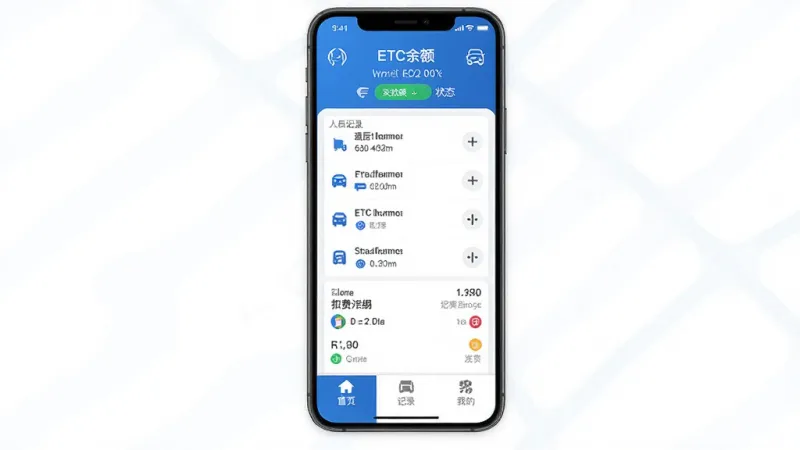 高速ETC指南 手机应用界面展示 主色调为蓝色和白色 顶部显示ETC余额和状态 中间为通行记录列表和扣费明细 底部为首页 记录 我的三个选项卡 整体布局清晰 风格现代扁平 画质干净 无多余元素