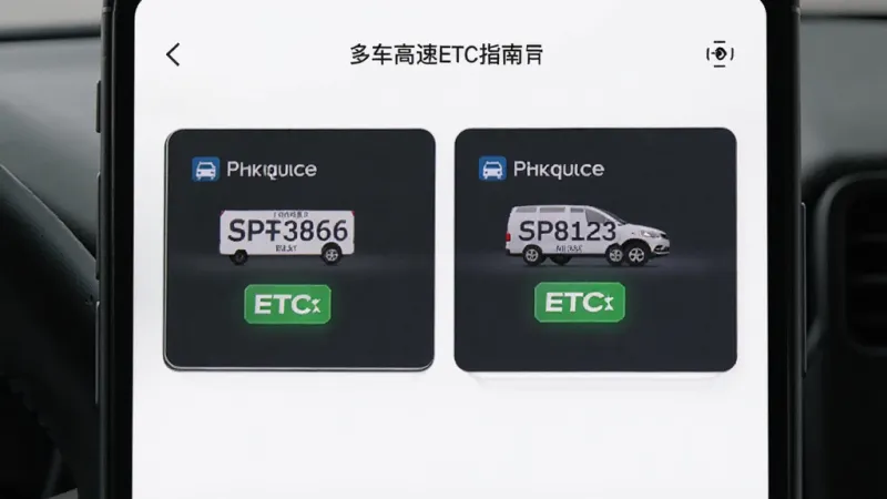 高速ETC指南 多车管理界面 手机屏幕显示两个车辆卡片 每个卡片上有车牌号和ETC状态标签 背景为白色 风格简约 画质干净 无多余元素