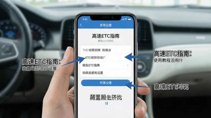 高速ETC指南 使用教程示意图 手机屏幕显示权限设置页面 带有箭头指引和文字说明 背景为浅色 风格清晰 画质干净 无多余元素