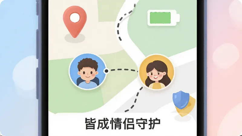 一张温馨的插画，画面中一部手机屏幕显示着地图界面，地图上有两个代表情侣的卡通头像正在慢慢靠近，中间有一条虚线连接。地图周围有定位图钉、电池电量和安全盾牌的图标。背景是柔和的蓝色和粉色渐变，风格简洁现代，画质清晰，没有杂乱元素。图片下方有“皆成情侣守护”的文字标识。
