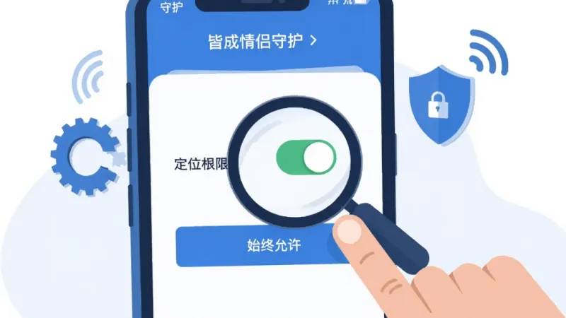一部手机屏幕显示皆成情侣守护的权限设置页面，旁边有手指正在点击“始终允许”定位权限的按钮。画面中有放大镜聚焦在权限开关上，周围有齿轮、盾牌和信号图标。风格为扁平化UI插画，颜色以蓝白为主，画质干净，无多余元素。