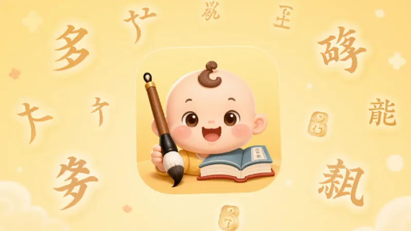 手机屏幕中央显示起名多多APP图标，图标是一个可爱的宝宝笑脸旁边放着毛笔和书本，背景是柔和的暖黄色，周围漂浮着汉字偏旁部首和生辰八字元素，整体风格温馨可爱，画质干净无多余元素