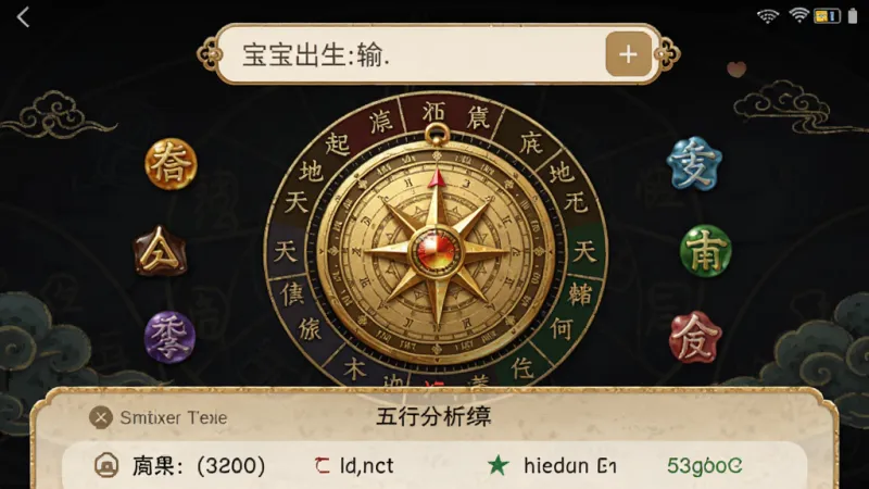 起名多多APP的八字测算界面，中间是一个金色的罗盘图案，周围环绕着天干地支和五行元素，屏幕上方显示宝宝出生信息输入框，下方列出五行分析结果，风格传统典雅，画质清晰