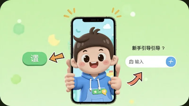起名多多APP的新手引导页面，屏幕中间是一个卡通人物拿着手机，旁边有箭头指向设置按钮和输入框，背景是浅绿色，风格活泼，画质干净