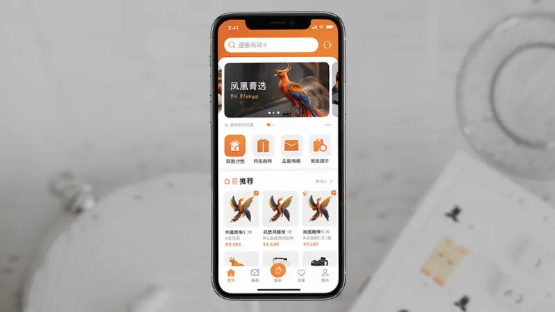 一张展示凤凰菁选商城app首页的详细图片，主体是手机屏幕显示商城首页界面，布局顶部为搜索栏和轮播图，中间是商品分类图标和推荐商品列表，底部为导航栏，排版整齐有序，风格现代简约，细节上商品图片清晰、按钮圆润、配色以橙色和白色为主，画质干净无多余元素，无杂乱文字。
