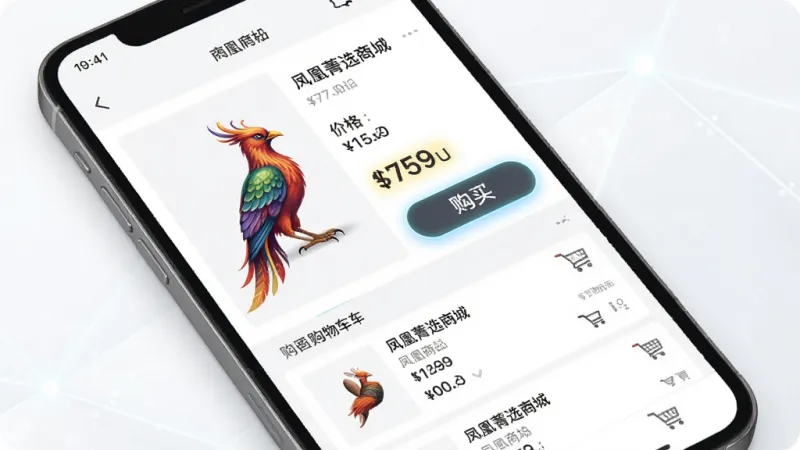 一张展示凤凰菁选商城核心功能的图片，主体是手机屏幕显示商品详情页和购物车界面，布局左侧为商品大图、右侧为价格和购买按钮，下方为购物车列表，排版清晰，风格简洁明亮，细节上按钮有微光效果、价格标签突出，画质干净无多余元素。