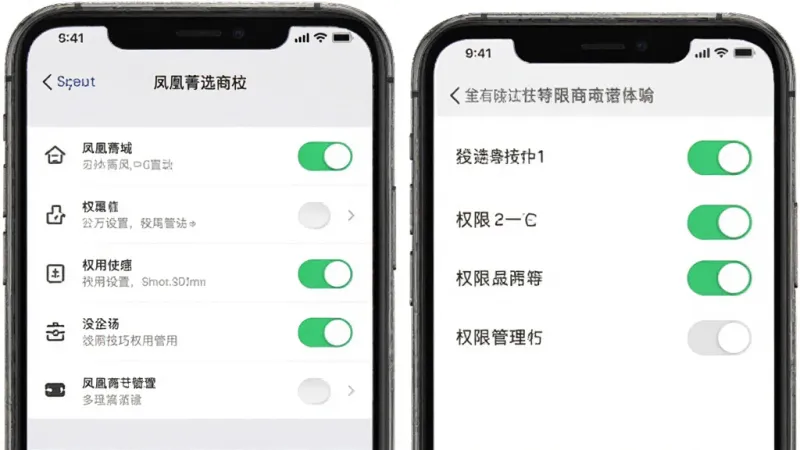 一张展示凤凰菁选商城使用技巧的图片，主体是手机屏幕显示设置页面和权限管理界面，布局左侧为设置选项列表、右侧为开关按钮，排版简洁，风格扁平化，细节上开关有高亮状态、图标清晰，画质干净无多余元素。