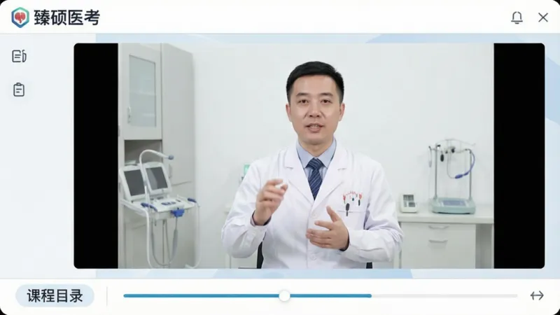 一张展示臻硕医考视频学习界面的图片,画面中央是老师正在讲解医学知识点的视频窗口,下方有课程目录和进度条,界面左上角显示“臻硕医考”标识,整体风格专业且清爽,画质干净,无多余元素