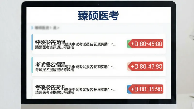 一张展示臻硕医考资讯通知界面的图片,画面中列出多条考试报名提醒和倒计时标签,顶部有“臻硕医考”文字标识,排版清晰,风格简洁,画质干净,无多余元素