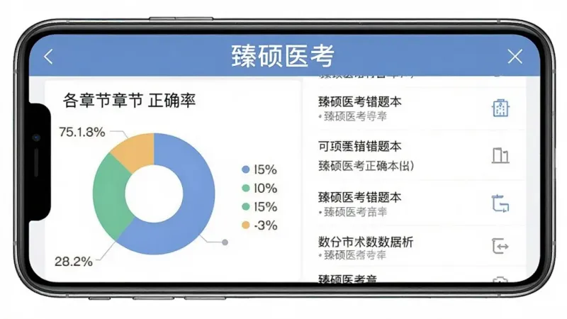 一张手机展示臻硕医考错题本和数据分析界面的图片,画面中有一个饼状图显示各章节正确率,旁边列出错题列表,顶部有“臻硕医考”字样,界面风格清晰直观,画质干净,无多余元素
