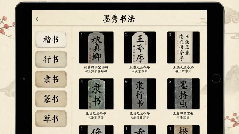 一张展示书法碑帖选择界面的图片,画面中“墨秀书法”App在平板电脑上运行,屏幕左侧是书体分类标签“楷书”“行书”“隶书”“篆书”“草书”,右侧是碑帖缩略图网格,每张缩略图显示碑帖名称和书法家姓名,比如“颜真卿多宝塔碑”“王羲之兰亭序”等,界面风格仿古雅致,背景为浅米色,文字清晰,画质干净无多余元素