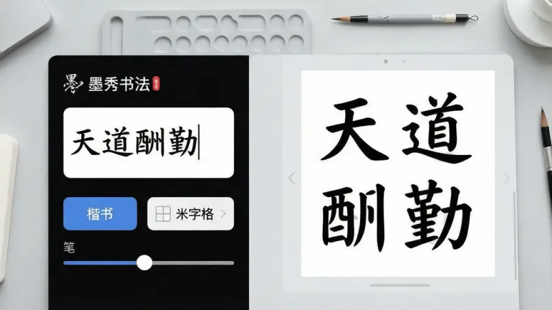 一张展示个性化字帖生成过程的图片,画面中“墨秀书法”App界面显示一个输入框,里面写着“天道酬勤”四个字,下方有书体选择按钮“楷书”、格子样式选择“米字格”、笔画粗细滑块,右侧预览区域显示生成好的字帖效果,背景是浅灰色工作台,风格现代简洁,画质干净无多余元素