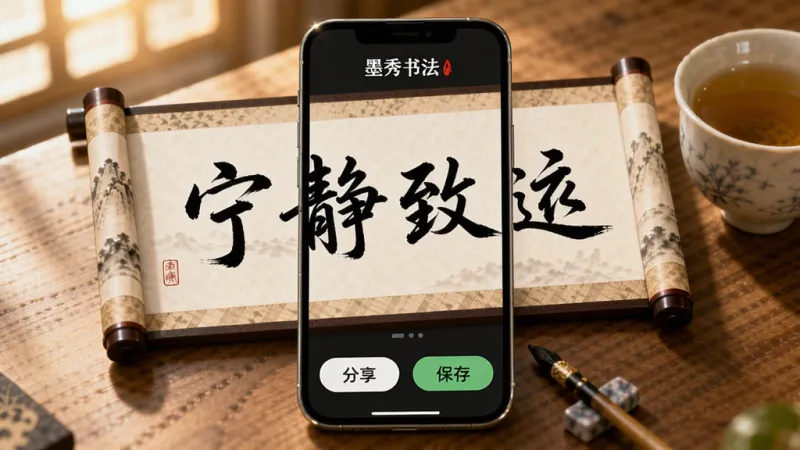 一张展示书法练习成果的图片,画面中“墨秀书法”App显示一幅完成的作品,内容为行书“宁静致远”四个字,作品被装裱在仿古卷轴背景中,下方有分享按钮和保存按钮,手机放在木质桌面上,旁边有一杯茶,光线柔和温暖,风格雅致,画质干净无多余元素