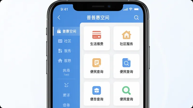 普惠空间应用内页展示图，画面主体是一部手机，屏幕上显示普惠空间的一站式便民服务大厅界面，左侧竖排菜单栏，右侧是卡片式服务入口，包含“生活缴费”“社区服务”“便民查询”等图标，背景干净，光线明亮，风格扁平化，画质清晰，无多余装饰元素。