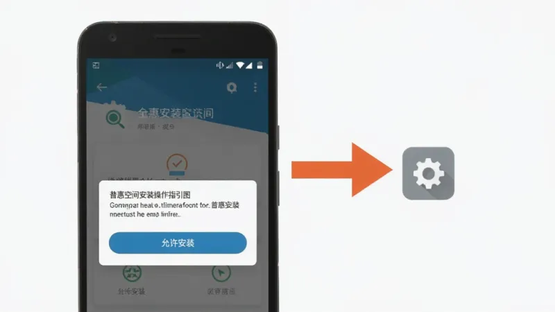 普惠空间安装操作指引图，画面中一部安卓手机显示安装界面，屏幕上有“允许安装”按钮和权限提示弹窗，旁边有箭头指向设置图标，背景简洁，风格扁平化，画质清晰，无多余元素。