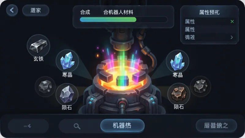 一张展示炼刀机器人材料合成界面的图片,画面中央是一个冒着彩色光芒的熔炉,周围漂浮着各种矿石图标,如
