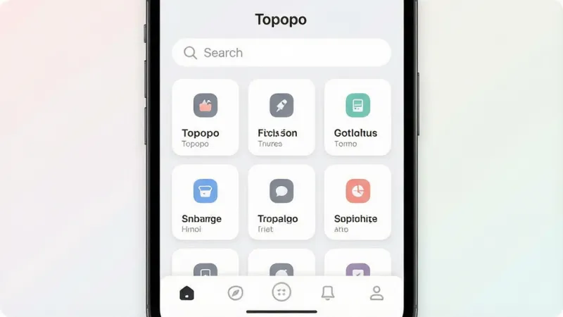 一张展示Topopo软件主界面的图片，主体为手机屏幕显示Topopo应用首页，布局简洁，顶部有搜索栏，中间为功能卡片网格，底部为导航栏，排版清晰，风格现代扁平化，细节圆润，画质干净，无多余元素，背景为浅色渐变，屏幕中文字包含“Topopo”