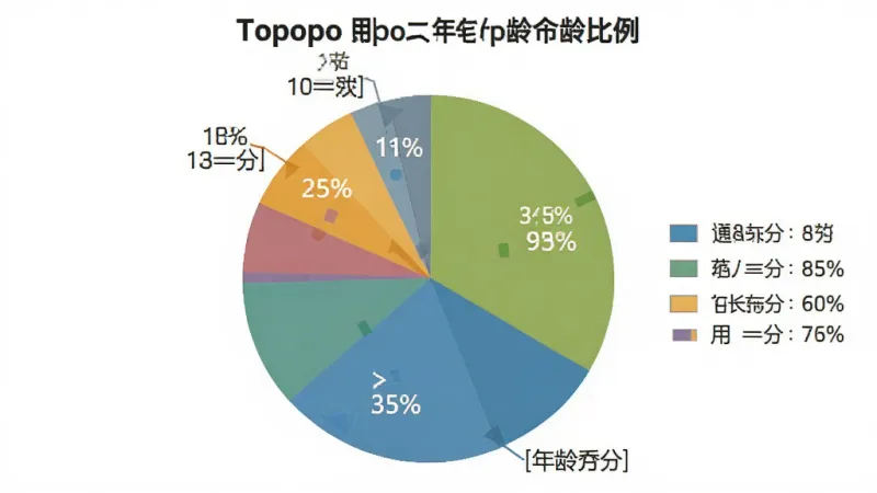 一张展示Topopo用户年龄分布比例的图表图片，主体为饼状图，布局为圆形饼图加图例，排版清晰，风格扁平化数据可视化，细节标注百分比，画质干净，背景为白色，图中文字包含“Topopo”和年龄分段标签
