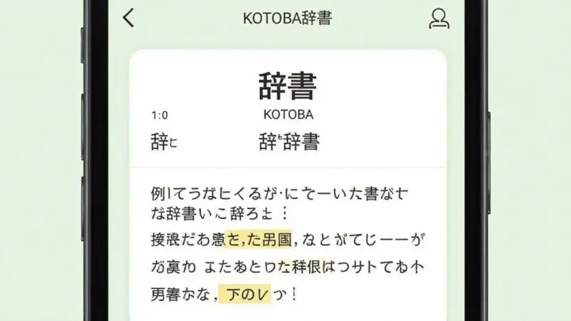 KOTOBA辞应用内词条详情页截图风格的图片,画面中手机屏幕显示日语单词「辞」的释义卡片,包含假名读音、中文释义、例句列表,例句中目标词高亮显示,背景为淡绿色护眼色调,布局整齐,风格清爽,画质干净无多余元素