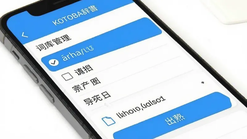 KOTOBA辞应用设置界面示意图,手机屏幕显示词库管理列表和导出选项,界面元素包括勾选框和文件路径选择,背景为白色搭配蓝色高亮,风格扁平,细节清晰,画质干净无多余元素