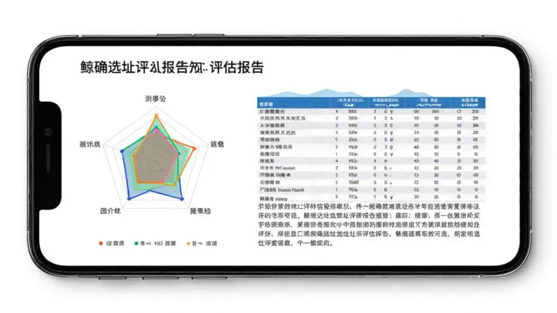 鲸确选址选址评估报告界面，手机屏幕显示一份图文报告，包含评分雷达图、数据表格和文字总结，背景为白色，图表颜色鲜明，布局规整，风格商务简洁，画质清晰，无多余装饰