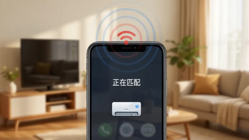 手机开空调控制器软件的一键连接操作界面,画面中手机屏幕显示着“正在匹配”的提示和空调图标,手机顶部有红外信号发射的波纹图案,背景是温馨的家居环境,风格简约实用,画质干净无多余元素