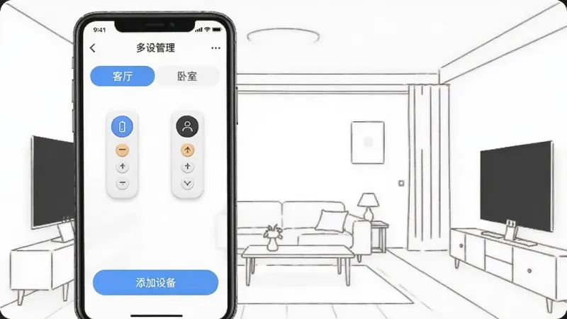 手机开空调控制器软件的多设备管理界面,画面中手机屏幕显示着两个空调遥控器的标签页,分别标注着“客厅”和“卧室”,屏幕下方有添加设备的按钮,背景是简洁的家居线条,风格清爽干净,画质清晰无多余元素
