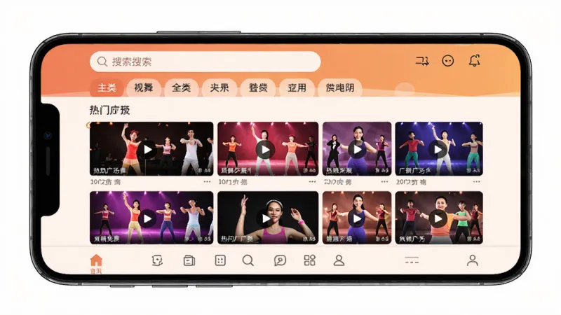 广场舞免费多软件主界面全景展示，主体为一部智能手机屏幕，屏幕内清晰显示广场舞免费多应用首页，布局为顶部搜索栏与分类标签，中部为热门广场舞视频封面网格排列，底部为导航菜单，排版整齐有序，风格为现代扁平化暖色调设计，细节上视频封面色彩鲜艳、文字标签清晰，画质干净明亮无多余元素
