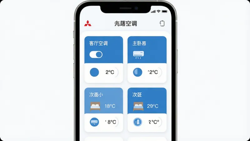 一张展示三菱智能空调3多设备分组管理界面的示意图，画面中一部手机屏幕上显示多个房间的空调卡片，卡片上标注着客厅、主卧、次卧等名称，每个卡片有开关和温度显示，界面以蓝白配色为主，布局清晰，风格现代扁平，细节圆润，画质干净，无多余元素。