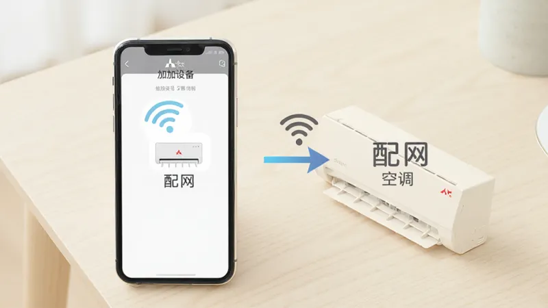 一张展示三菱智能空调3在手机上安装和配网步骤的示意图，画面中一部手机屏幕上显示添加设备界面，有WiFi图标和空调图标，旁边有箭头指示操作流程，背景是简洁的浅色桌面，风格清晰直观，细节干净，画质明亮，无多余元素。