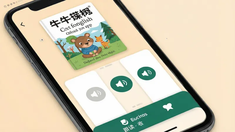 一张展示手机屏幕上打开牛津树英语App的图片,画面主体是一部手机,屏幕显示牛津树英语绘本阅读界面,布局为顶部绘本封面和标题,中间是翻页按钮和朗读图标,底部有跟读和收藏功能栏,排版简洁,风格为现代扁平化设计,细节上屏幕有柔和护眼背景色,画质清晰干净,无多余元素