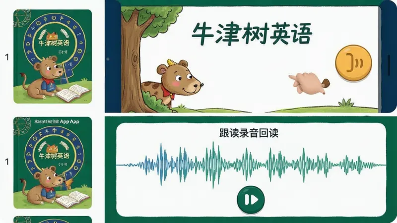 一张展示牛津树英语App点读跟读功能的示意图,画面上半部分为绘本页面和发音按钮,下半部分为跟读录音波形和回放按钮,布局左右分栏,左侧是绘本封面列表,右侧是跟读界面,风格为卡通手绘风,细节上加上“牛津树英语”文字标签,画质干净明亮,无多余元素