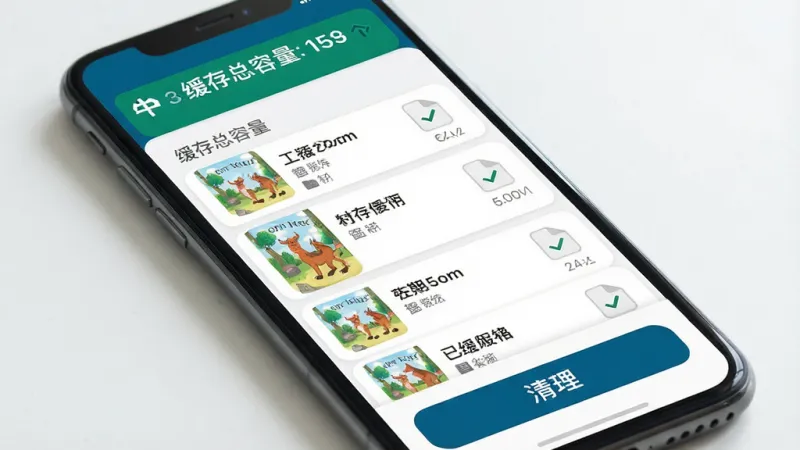 一张展示牛津树英语App离线缓存管理界面的图片,画面主体为手机屏幕,布局为顶部缓存总容量提示条,中间是绘本列表和已缓存标识,底部是清理按钮,风格为简约科技风,细节上列表项带有对勾图标和文件大小文字,画质清晰干净,无多余元素