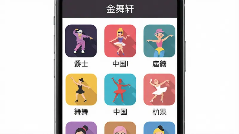 一张展示“金舞轩”软件界面分类页面的图片,画面中手机屏幕显示着整齐排列的舞蹈分类图标,图标包含街舞、爵士、中国舞等元素,图标下方有文字标签,整体布局采用网格排版,风格扁平化设计,色彩明快,画质干净,无多余元素