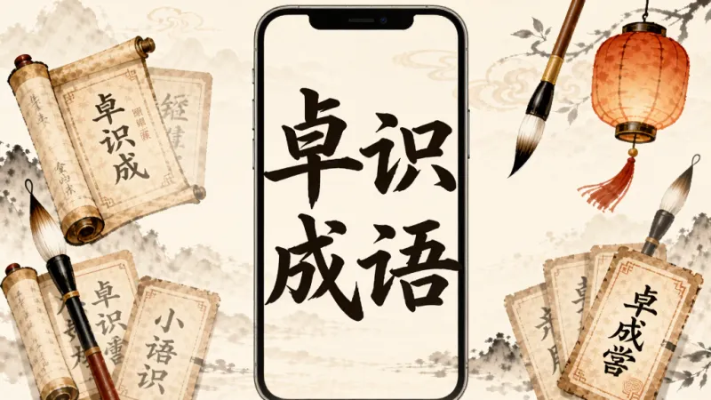 手机屏幕中央展示“卓识成语”四个大字,周围环绕古风卷轴、毛笔、灯笼和成语卡片元素,背景是淡雅的米黄色水墨风格,整体布局居中对称,风格为中国风插画,细节包括成语文字若隐若现于卡片上,画质清晰干净,无多余元素