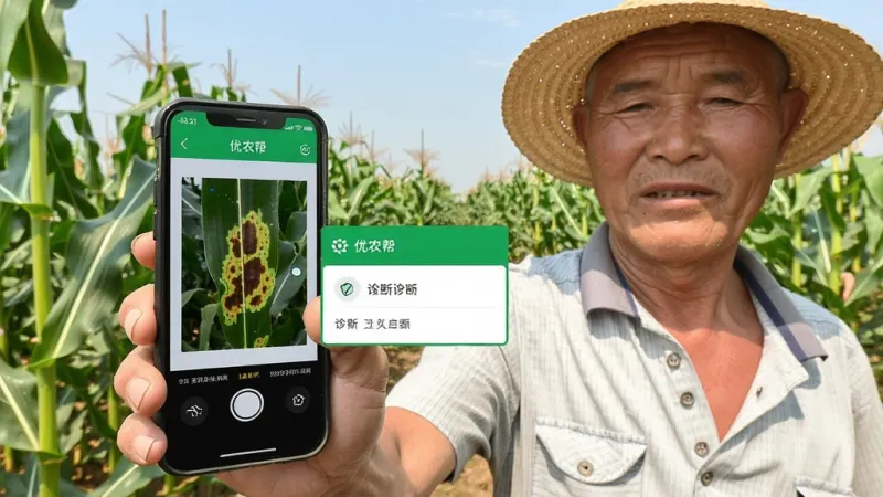 一位农民伯伯站在玉米地里，手里拿着手机，手机屏幕上显示着优农帮的拍照识别界面，界面中有一片带有病斑的玉米叶片，旁边弹出诊断结果框，画面阳光明媚，风格写实，画质清晰，突出科技助农的场景