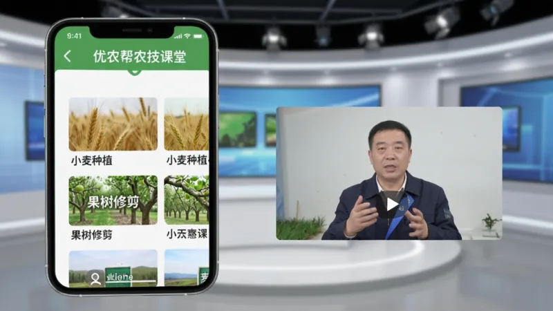 优农帮农技课堂界面截图，手机屏幕显示着各种农业课程分类，如“小麦种植”“果树修剪”，旁边是专家讲解的视频封面，背景是整洁的室内演播室，风格专业简洁，画质清晰，无杂乱元素