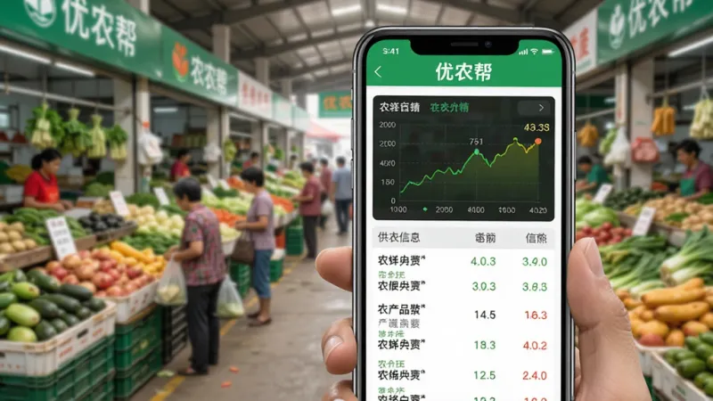 优农帮农产品行情界面，手机屏幕显示着各种农产品的价格走势图和供求信息列表，背景是热闹的农产品批发市场，风格生活化，画质明亮，文字清晰“优农帮”