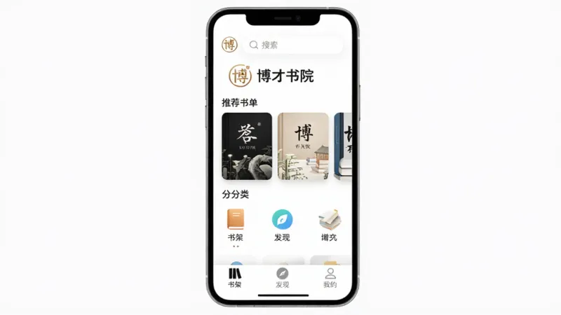一款名为博才书院的手机应用主界面展示,主体是手机屏幕,屏幕中显示博才书院的LOGO和名称,布局为顶部搜索栏,中间是推荐书单卡片和分类导航图标,底部是书架、发现、我的三个选项卡,排版清晰整洁,风格现代简约,细节圆润,画质高清干净无多余元素