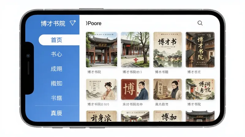 博才书院应用内书籍分类页面展示,画面主体是手机屏幕,屏幕中展示博才书院的分类导航界面,布局为左侧竖排分类菜单,右侧是书籍封面网格,排版整齐,风格清新明亮,细节清晰,画质干净无多余元素