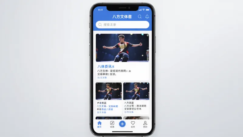 八方文体 应用主界面展示,画面中央是手机屏幕,屏幕内显示八方文体首页,顶部有搜索栏,中间是文体资讯卡片式布局,底部为导航栏,整体风格简洁清新,蓝白配色为主,背景是浅灰色渐变,画质清晰干净,无多余元素
