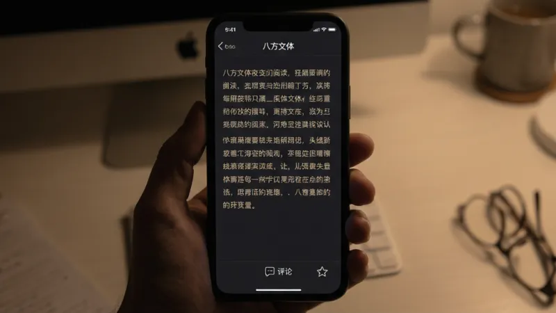 八方文体 夜间模式阅读界面,手机屏幕显示深色背景的文章详情页,文字清晰柔和,顶部有返回按钮和标题,底部有评论和收藏图标,整体风格沉稳舒适,画质干净,无多余元素